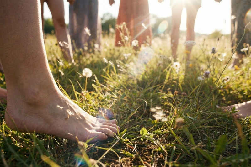 pies descalzos durante un retiro en la naturaleza